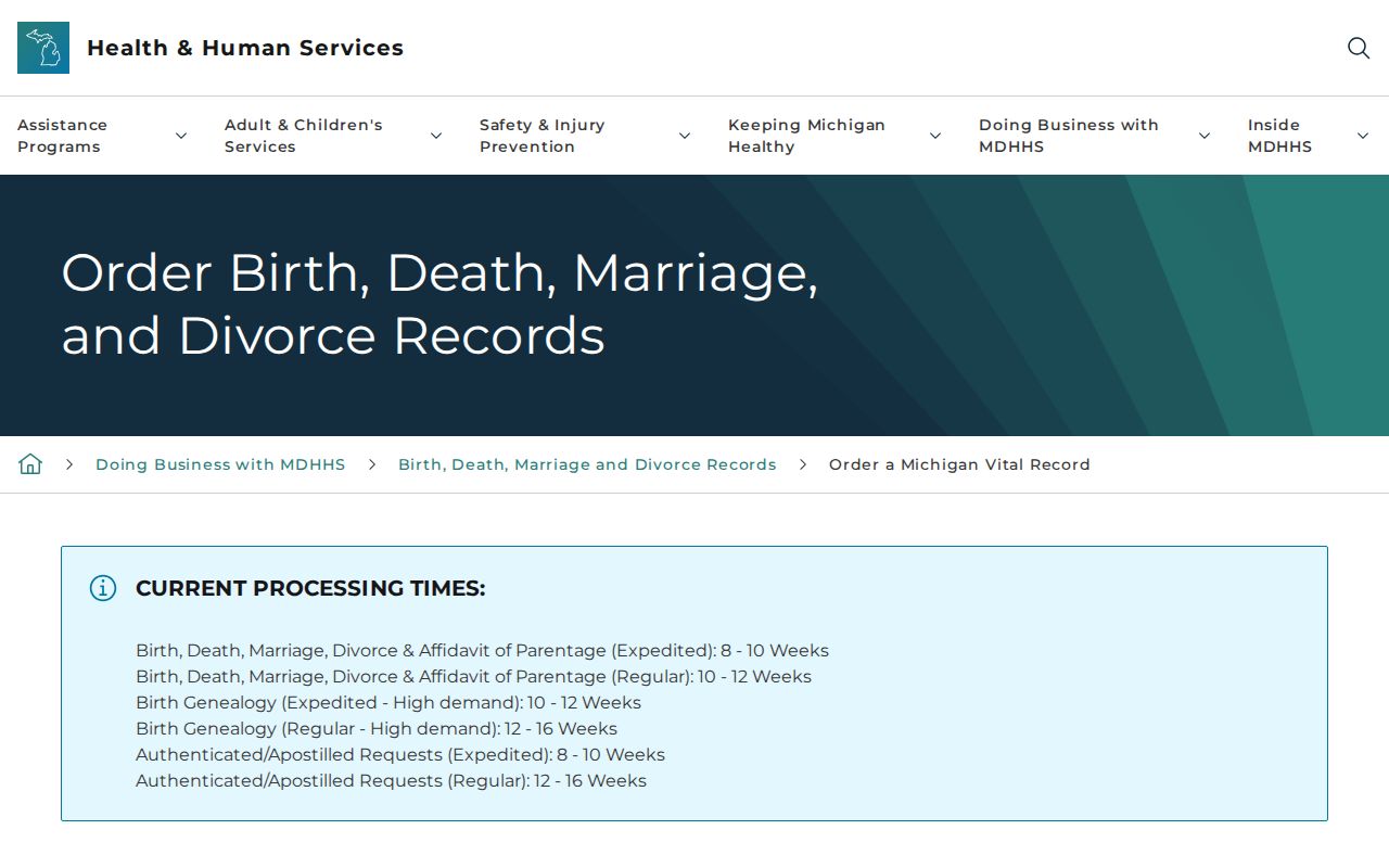 Inkster resident lookup through the Michigan vital record order page